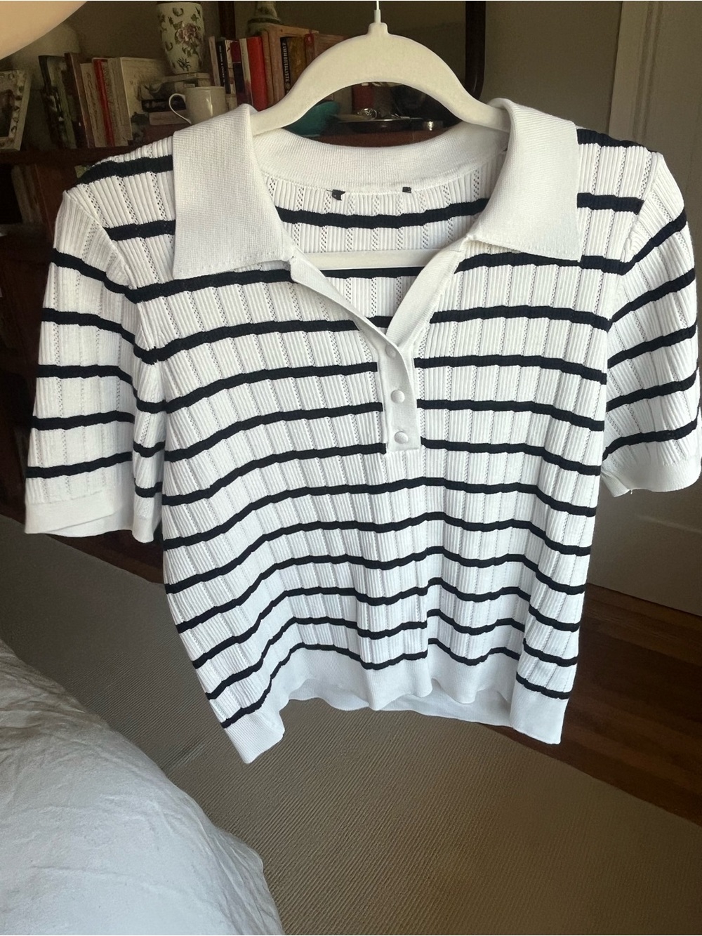Striped Polo Knit Top - White & Black